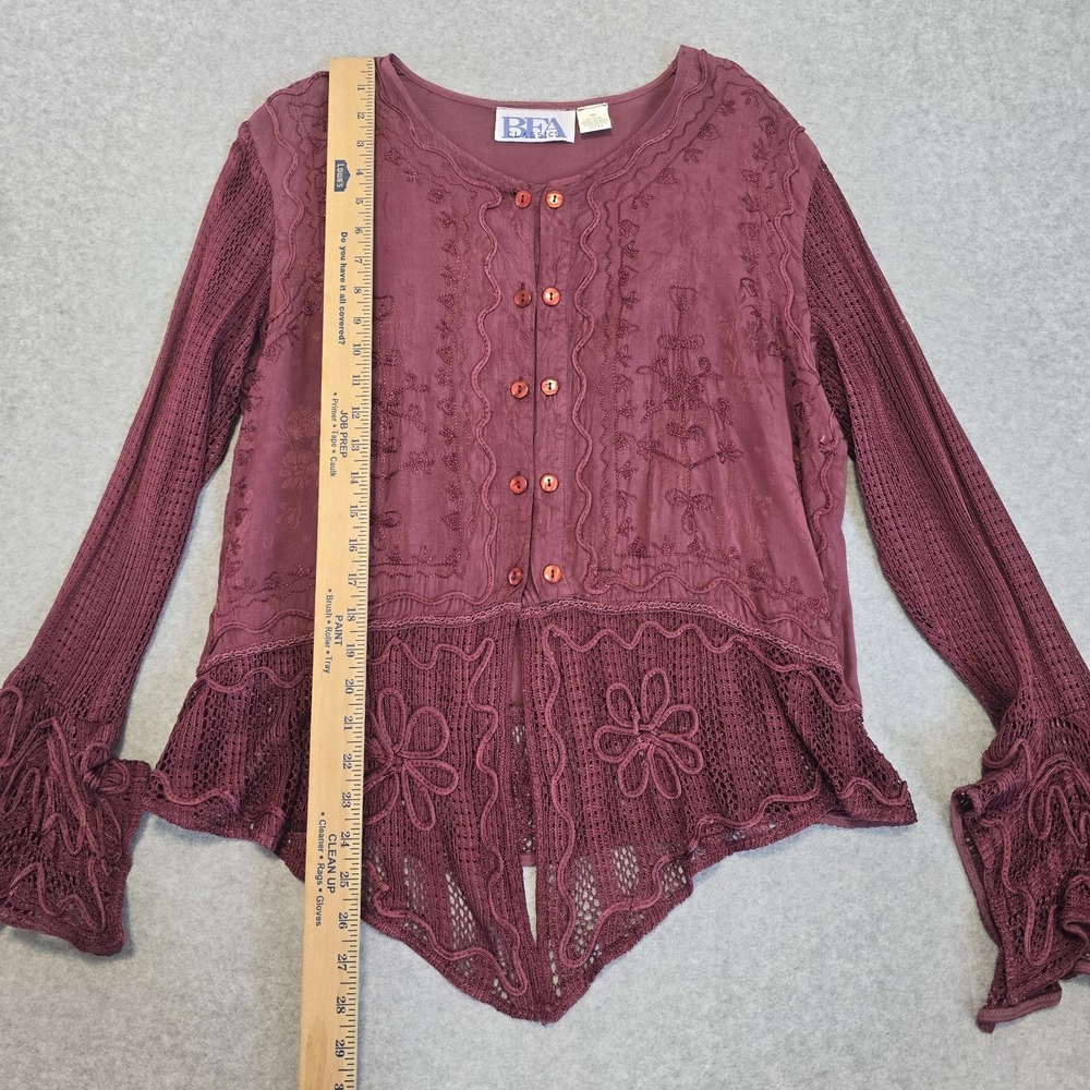 BFA Classics Blouse Womens MP Burgundy Boho Embroidered Crochet Fairy Whimsigoth - Picture 9 of 14